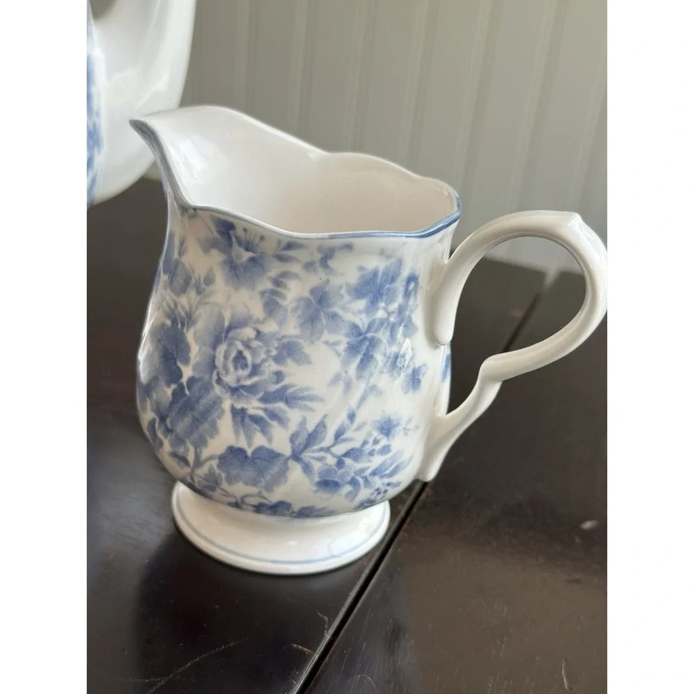 Nikko Tea Roses Coffee Pot & Creamer Blue Floral Japan Porcelain Set